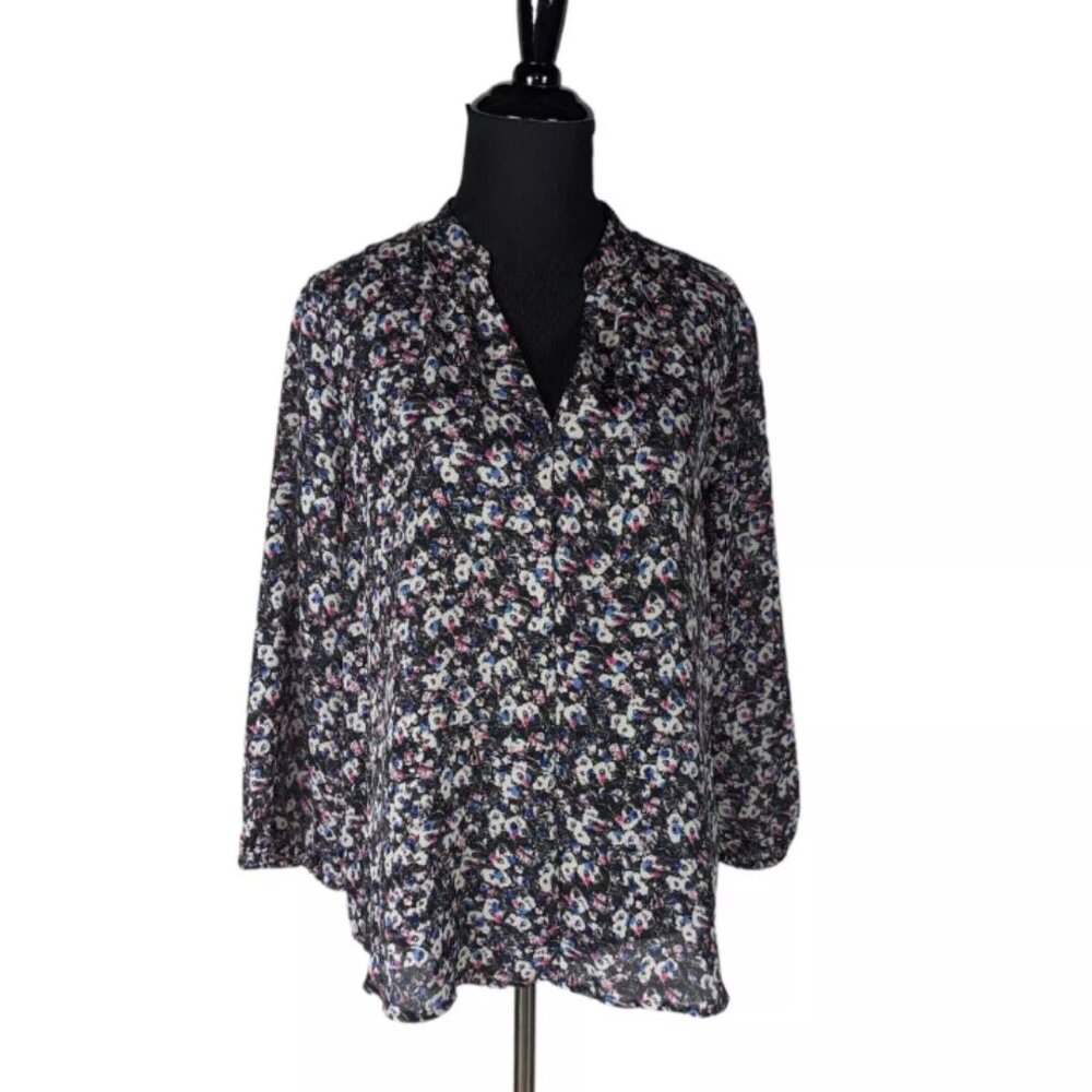 Liz Claiborne Blouse PL Women's Abstract Floral Vneck Long Sleeve Pullover